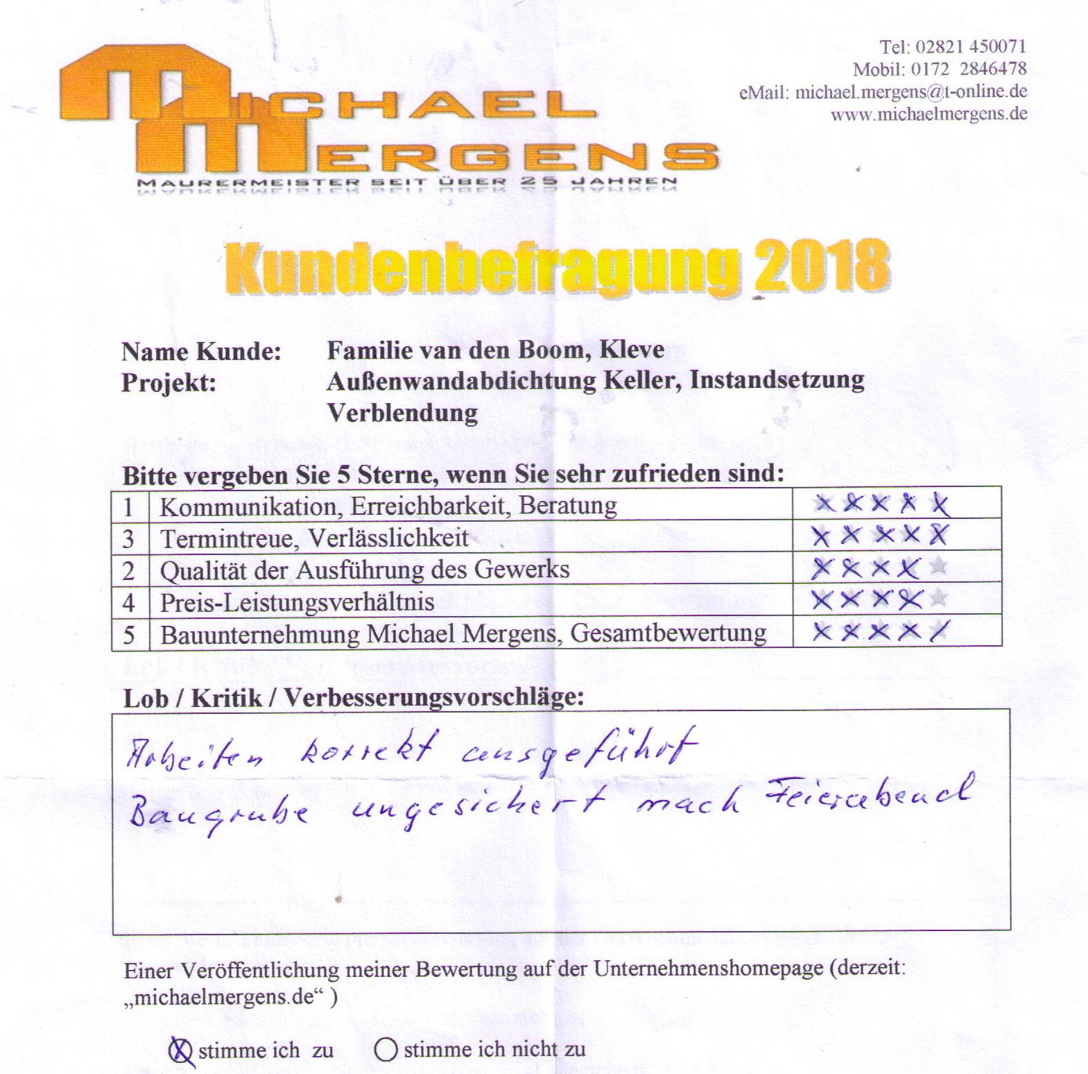 Boom van den Kleve bewertet Michael Mergens mit 4,5 Sternen gutes Feedback Keller Außenwandabdichtung Instandsetzung Verblendungt