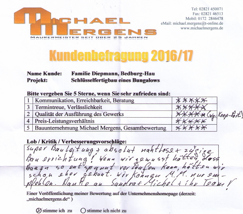 Diepmann Bewertung Bauunternehmen Michael Mergens Bedburg-Hau 2017 Schlüsselfertig bauen