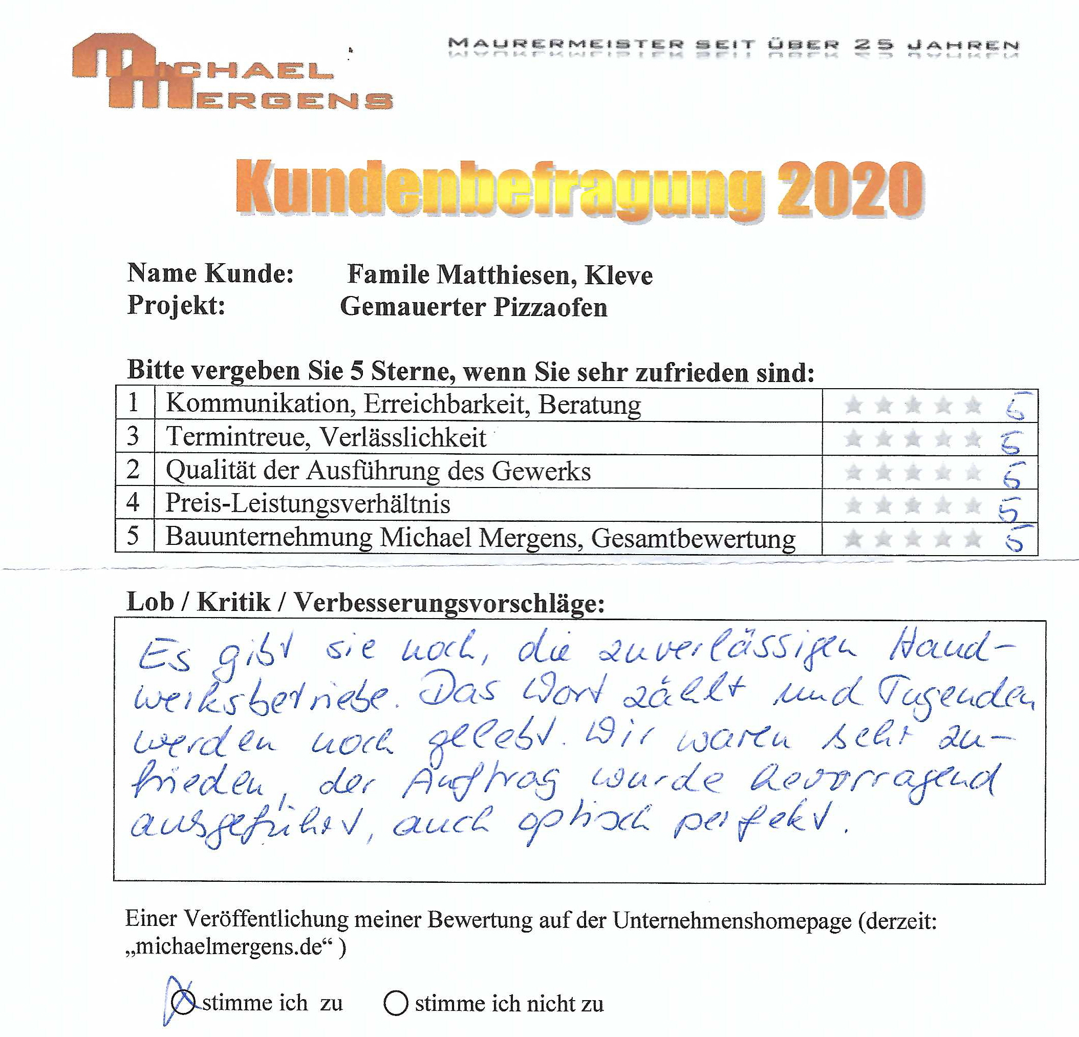 Matthiesen Kundenbewertung Ofen gemauert super