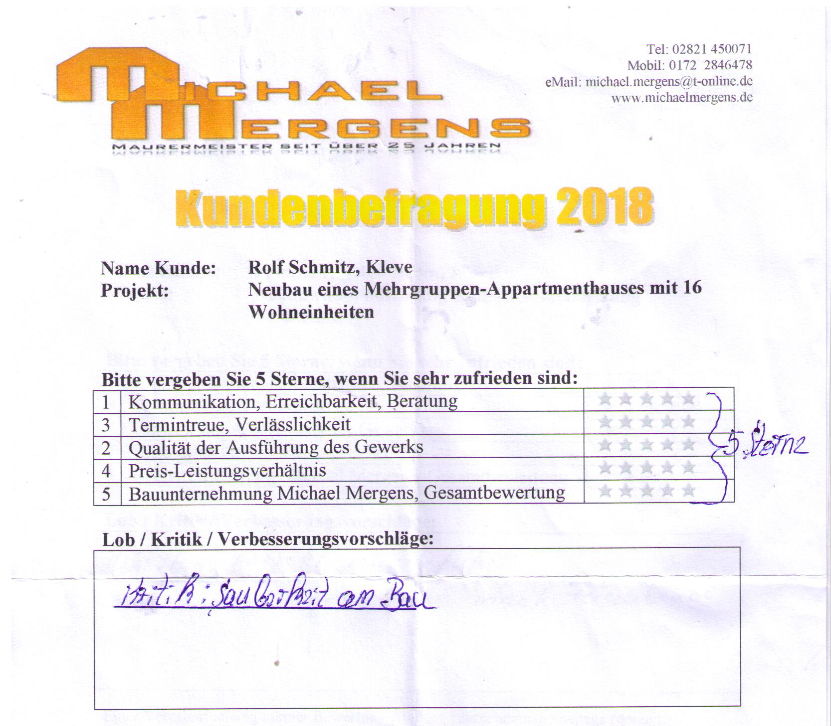 Schmitz Rolf Kleve 5 Sterne Kundenbewertung Bauunternehmen Bedburg-Hau Michael Mergens sehr gut