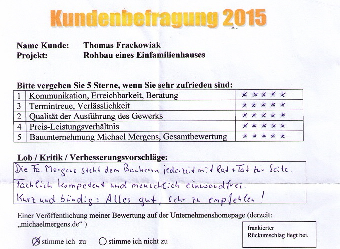 Frackowiak gute Kundenbewertung 5 Sterne für Bauunternehmen in Bedburg-Hau Mergens