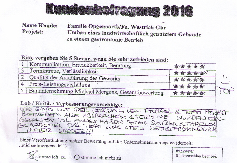 Opgenorth Bedburg-Hau Restaurant Umbau eines landwirtschaftlichen Gebäudes Bewertung 5 Sterne lob