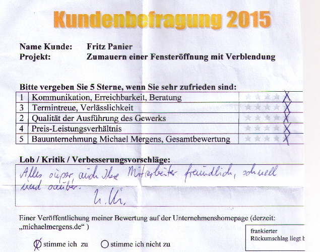 Panier Kleve Kundenbewertung 5 Sterne für Bauunternehmen Mergens Zumaueren einer Fensteröffnung