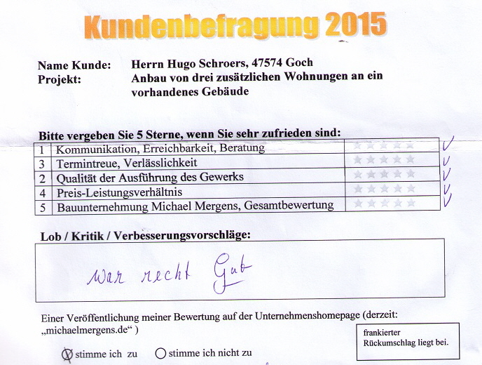 Schroers Bewertung 5 Sterne Bedburg-Hau Anbau von Wohneinheiten an Bestandsgebäude zur Vermietung Referenzen Bauunternehmen